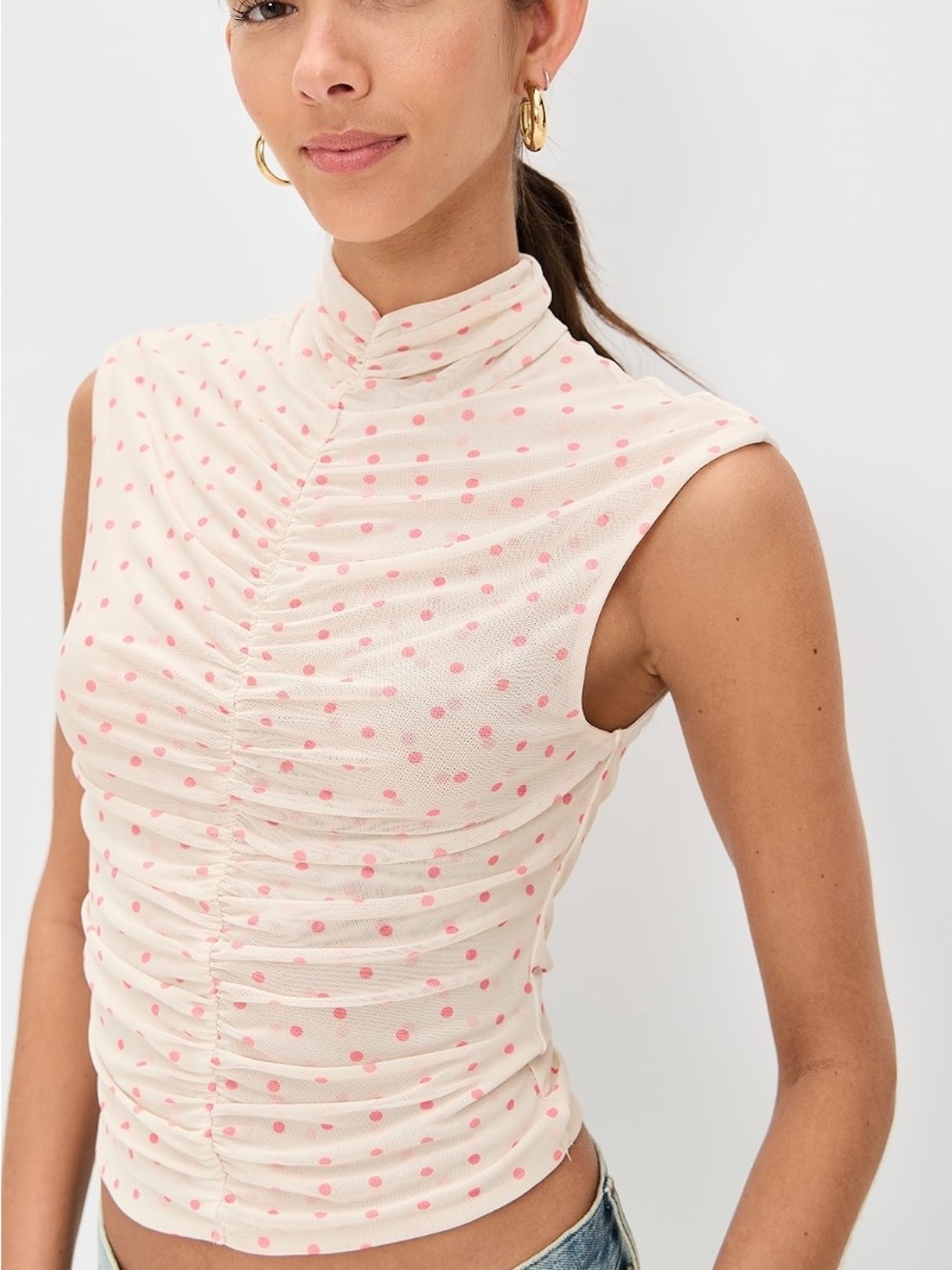 AFRM Cream Sleeveless Mock Neck Top with Pink Polka Dots